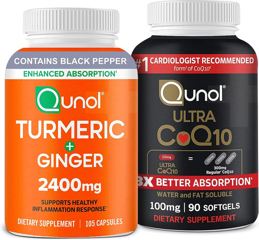 Qunol Turmeric Curcumin with Black Pepper, Ginger & CoQ10 - 2400mg, 105 Softgels + Ultra CoQ10 100mg, 90 Count - 3X Absorption, 3 Month Supply