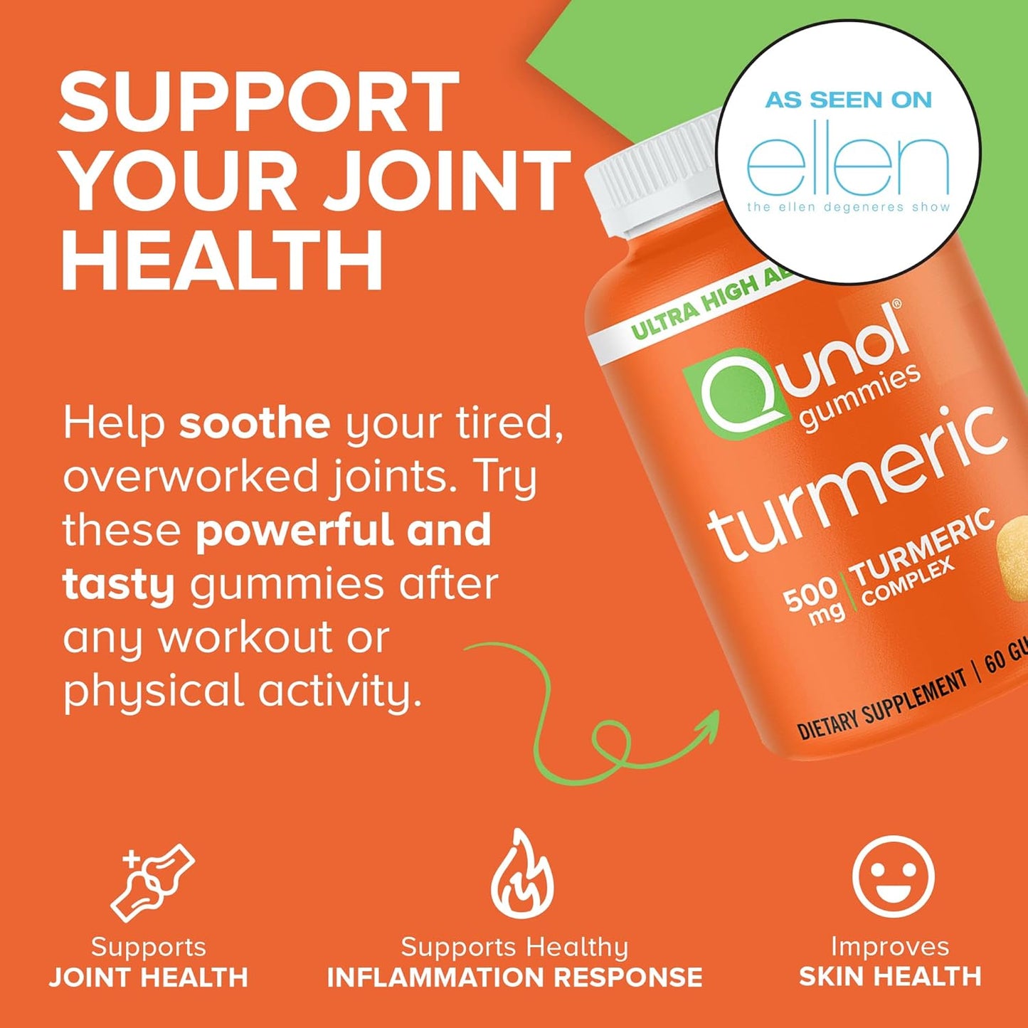 Qunol Turmeric Gummies - 1000mg Turmeric Curcumin, Joint Support, High Absorption, Vegan, Gluten Free - 2 Month Supply (120 Gummies)