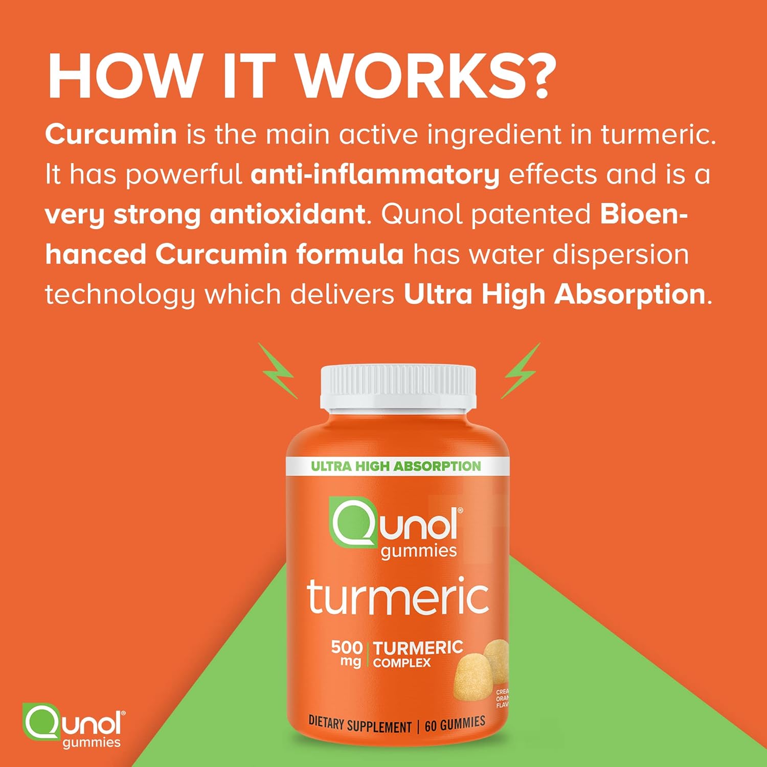 Qunol Turmeric Gummies - 1000mg Turmeric Curcumin, Joint Support, High Absorption, Vegan, Gluten Free - 2 Month Supply (120 Gummies)