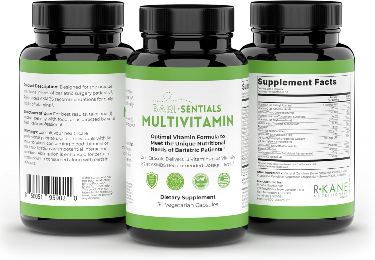 R-Kane Barisentials Bariatric Multivitamins: Essential Post-Op Support for Gastric Procedures - 30 Vegetarian Capsules