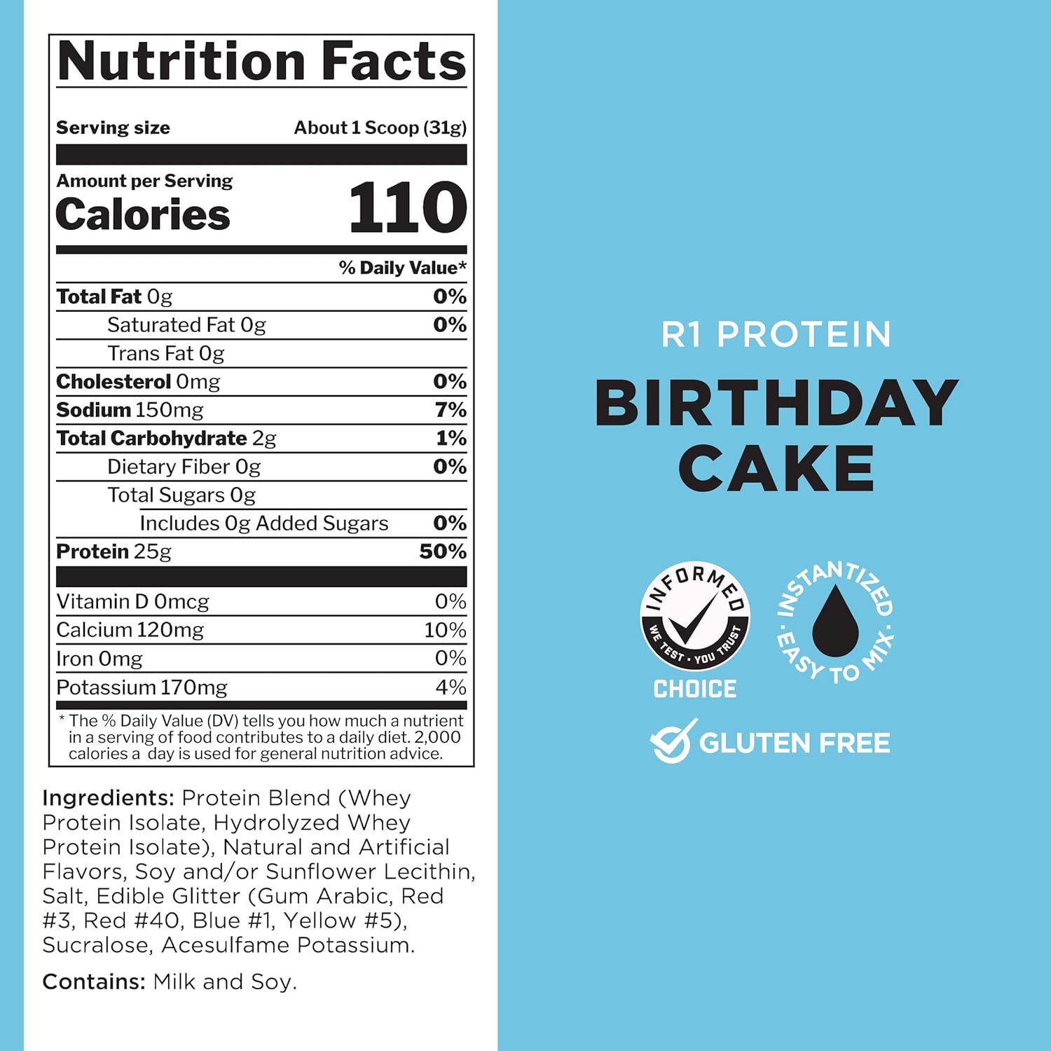R1 Protein Powder - 25g Fast-Acting Isolate & Hydrolysate with 6g BCAAs (2lb, Birthday Cake Flavor)