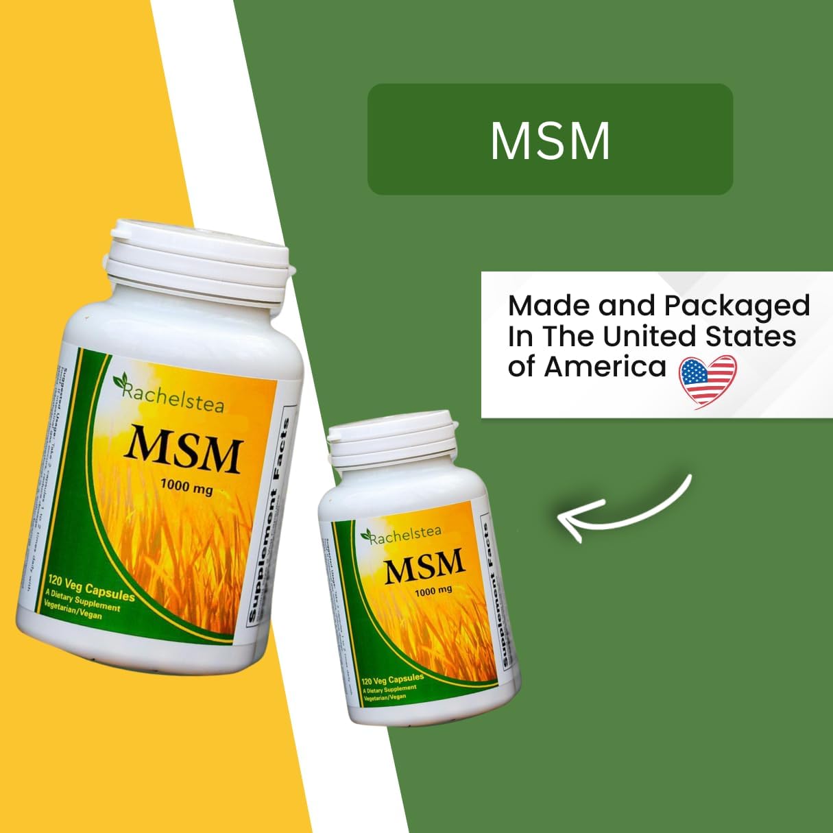 Rachelstea MSM 1000 mg Capsules for Joints, Hair, Nails, and Connective Tissue - 120 Veg Capsules - Vegetarian/Vegan Supplement