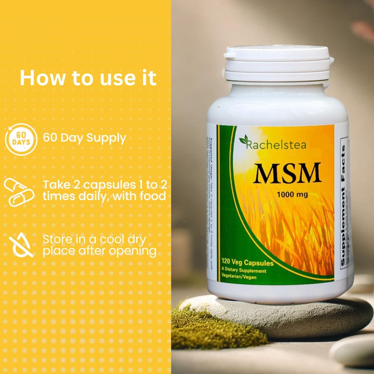 Rachelstea MSM 1000 mg Capsules for Joints, Hair, Nails, and Connective Tissue - 120 Veg Capsules - Vegetarian/Vegan Supplement