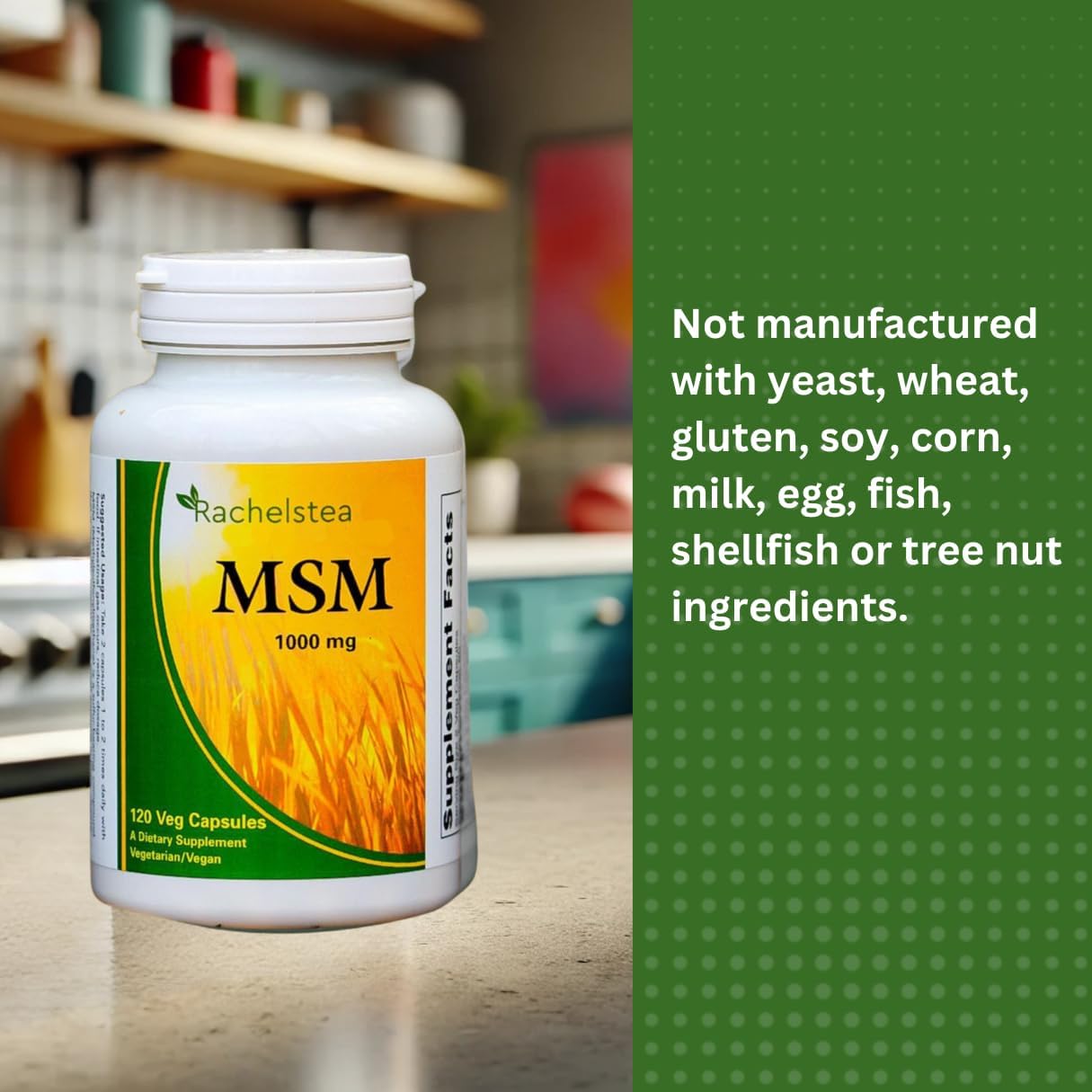 Rachelstea MSM 1000 mg Capsules for Joints, Hair, Nails, and Connective Tissue - 120 Veg Capsules - Vegetarian/Vegan Supplement