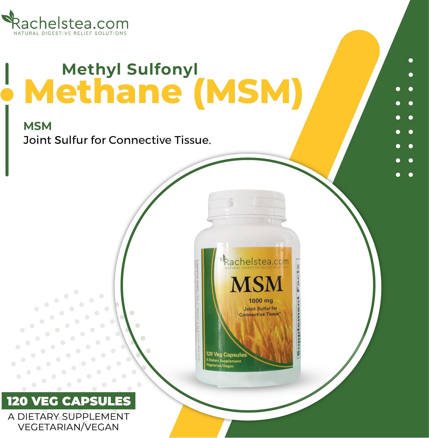 Rachelstea MSM 1000 mg Capsules for Joints, Hair, Nails, and Connective Tissue - 120 Veg Capsules - Vegetarian/Vegan Supplement