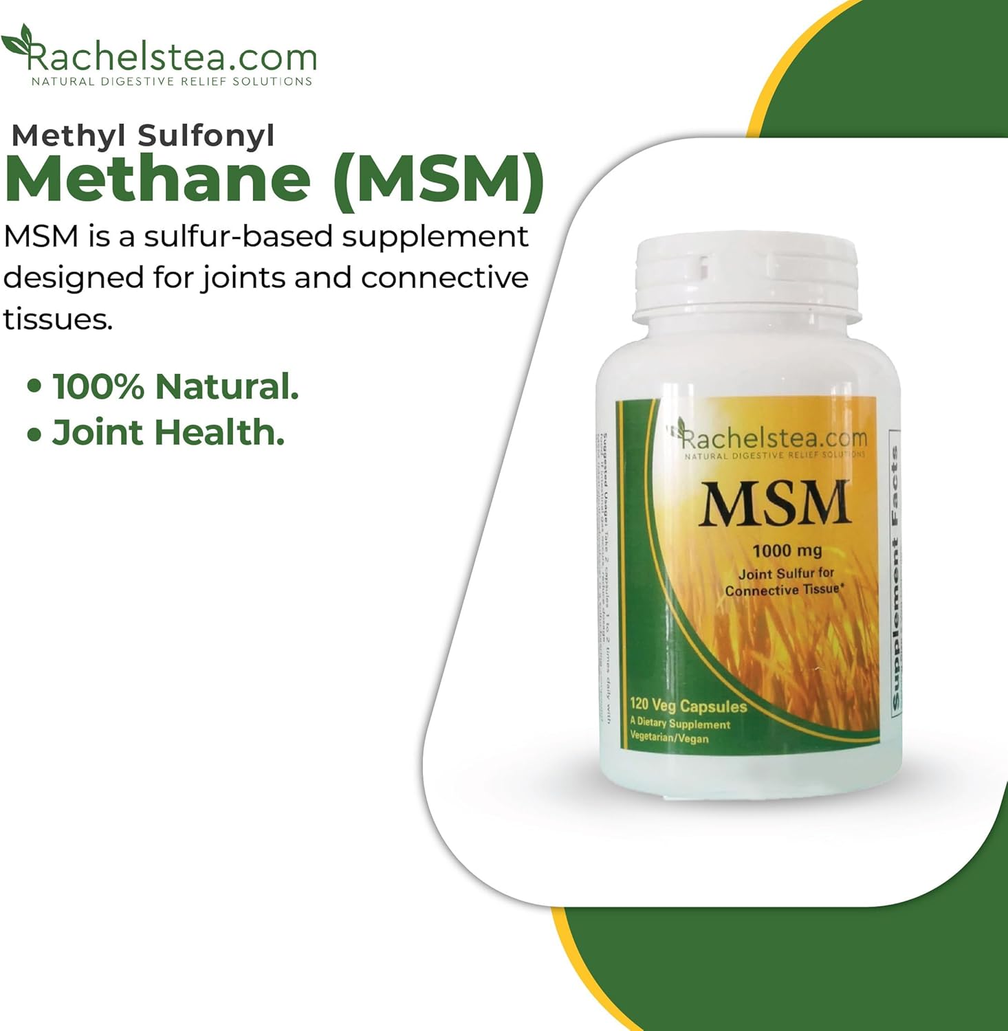 Rachelstea MSM 1000 mg Capsules for Joints, Hair, Nails, and Connective Tissue - 120 Veg Capsules - Vegetarian/Vegan Supplement