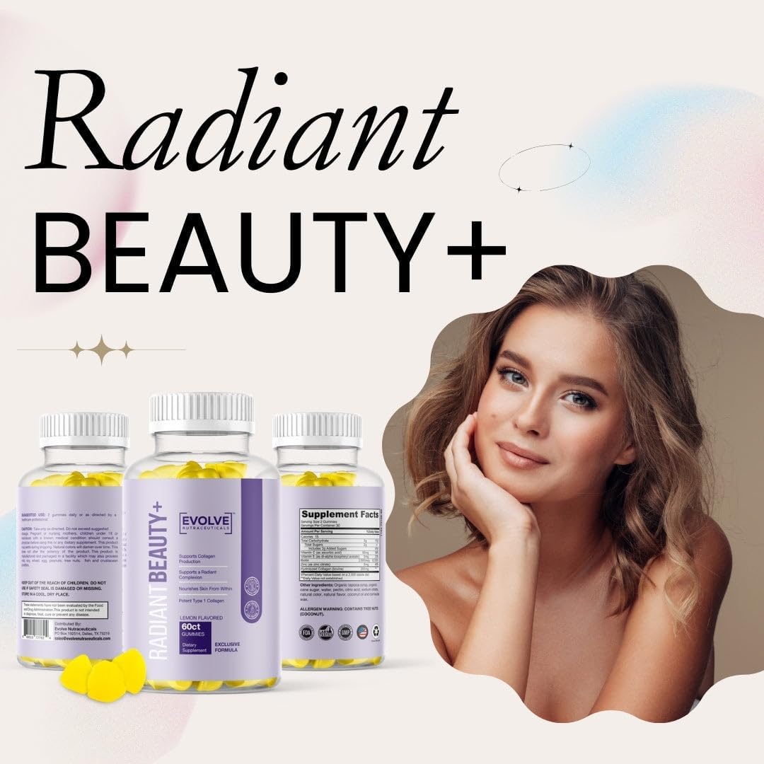 Radiant Beauty+ Hydrolyzed Collagen Gummies with Biotin, Vitamin C & E - Lemon Drop Flavor, 60 Count