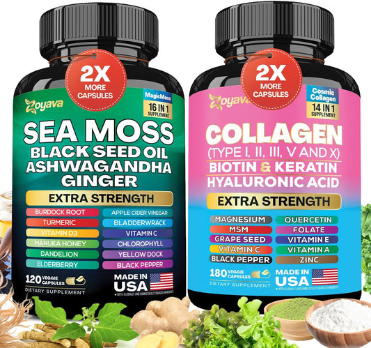 Radiant Wellness Bundle with Sea Moss, Black Seed Oil, Ashwagandha, Turmeric, Collagen, Biotin, Keratin - 60 Day Supply