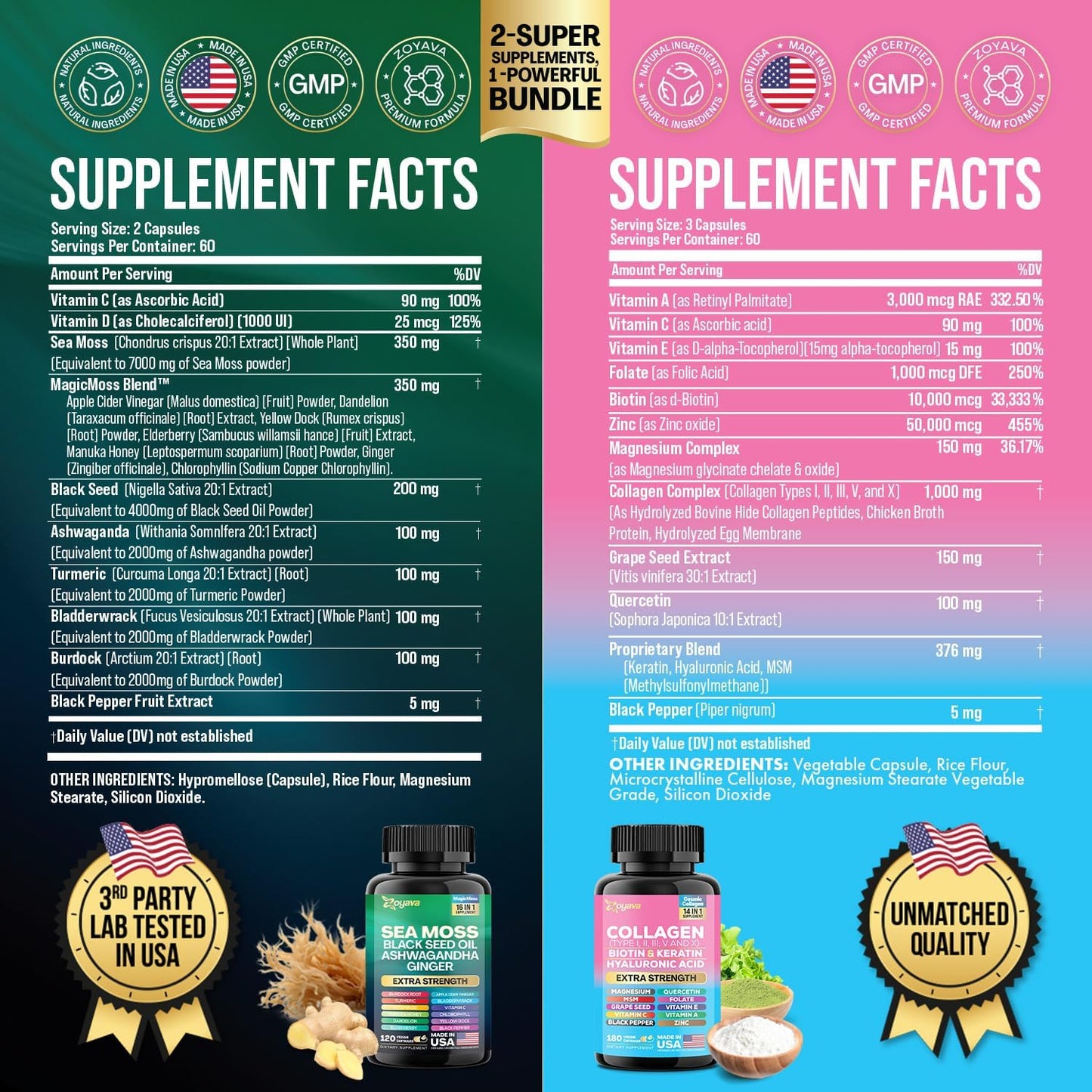 Radiant Wellness Bundle with Sea Moss, Black Seed Oil, Ashwagandha, Turmeric, Collagen, Biotin, Keratin - 60 Day Supply