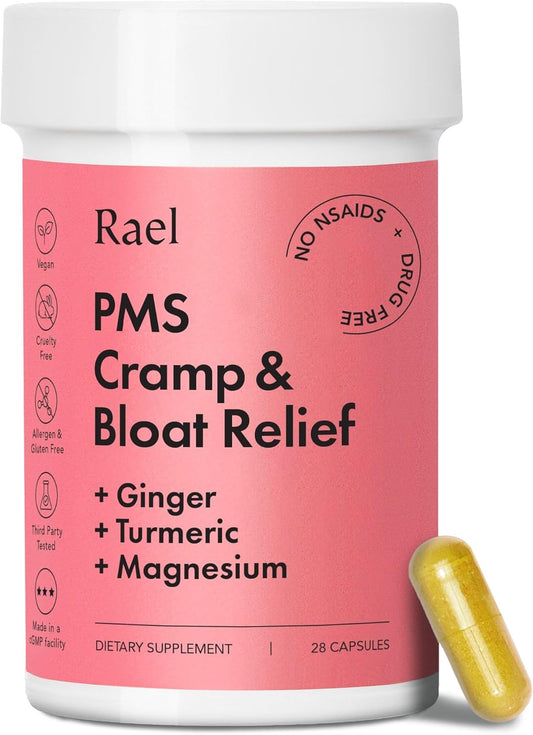 Rael PMS Relief Supplement for Women - Hormone Balance with Turmeric, Ginger, Magnesium - Vegan, No NSAIDs - 28 Capsules