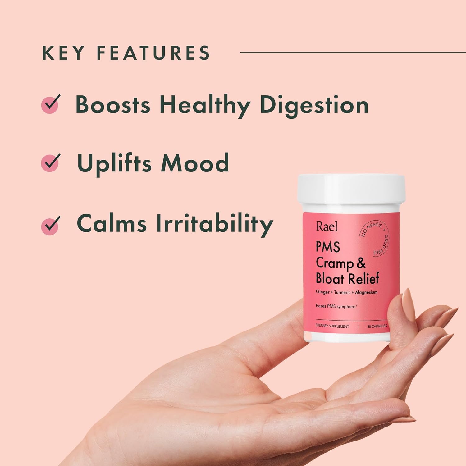 Rael PMS Relief Supplement for Women - Hormone Balance with Turmeric, Ginger, Magnesium - Vegan, No NSAIDs - 28 Capsules
