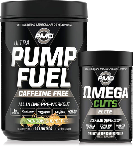 Rainbow Sherbet Pre Workout Bundle: Caffeine Free Pump Fuel & Omega Cuts Elite Healthy Weight Support - 30 Servings & 90 Softgels