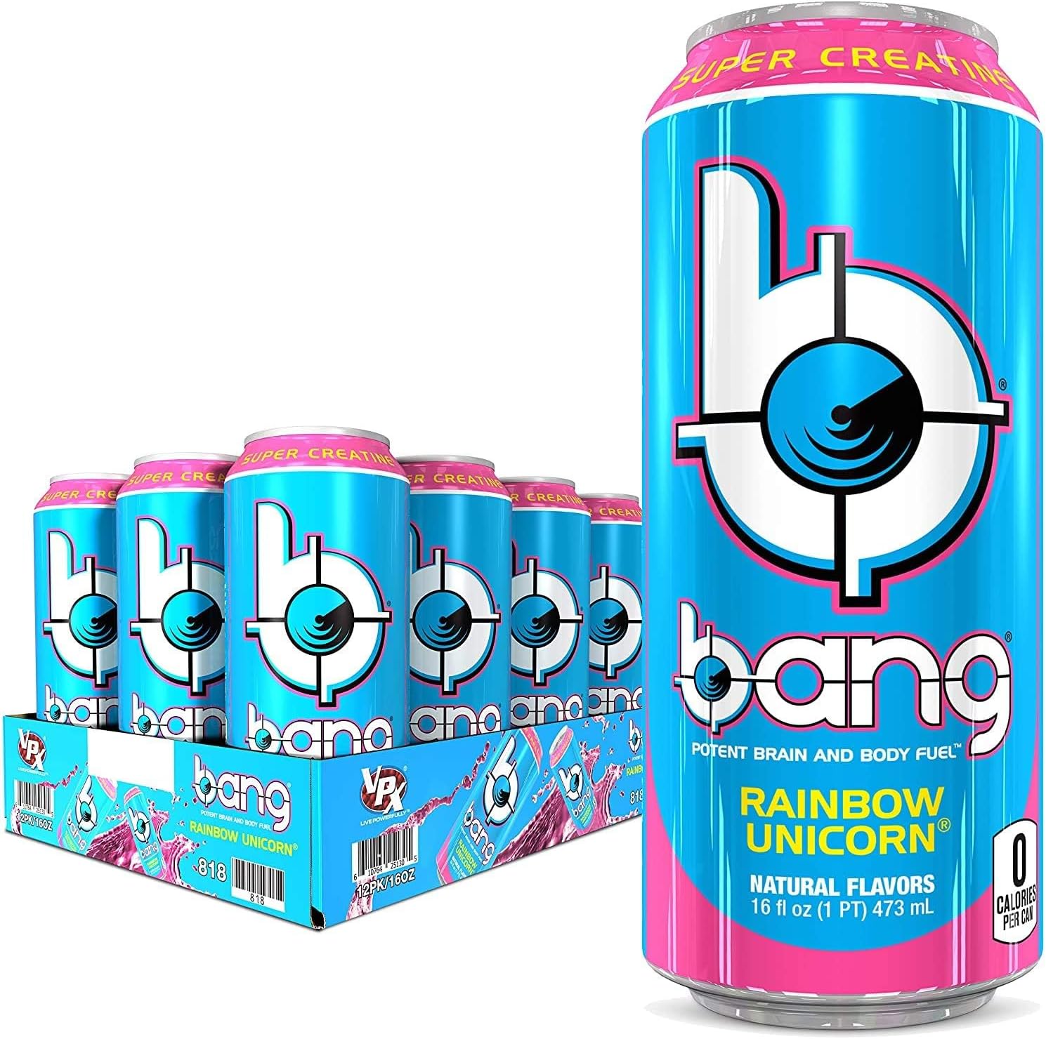 Rainbow Unicorn Energy Drink | Boost Brain & Body with Creatine, EAA Aminos, CoQ10 | Pre & Post Workout Fuel | Sugar Free, Zero Calories (12 Cans)