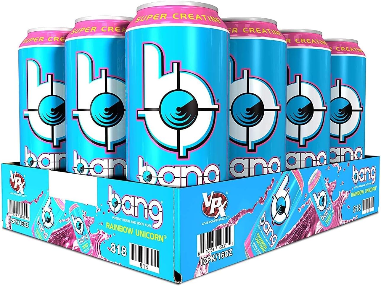 Rainbow Unicorn Energy Drink | Boost Brain & Body with Creatine, EAA Aminos, CoQ10 | Pre & Post Workout Fuel | Sugar Free, Zero Calories (12 Cans)