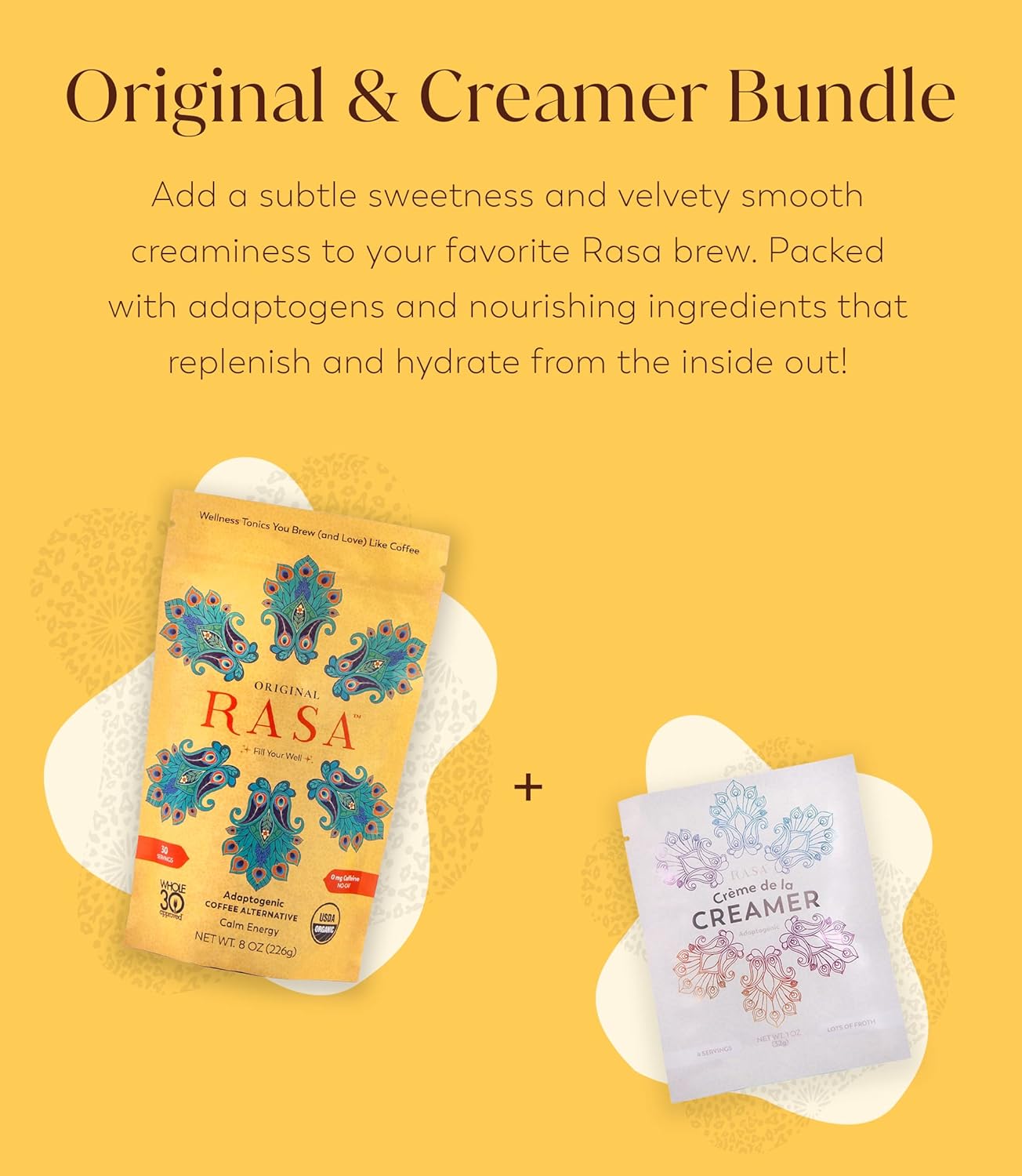 Rasa Koffee Original Adaptogenic Coffee Alternative & Crème de la Creamer Bundle - Vegan Ayurvedic Mushroom Wellness Tonic with Adaptogen Powdered Non-Dairy Creamer containing MCT Oil for Whole 30 and Keto Diets (30 Servings)