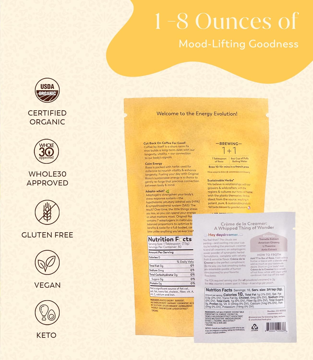 Rasa Koffee Original Adaptogenic Coffee Alternative & Crème de la Creamer Bundle - Vegan Ayurvedic Mushroom Wellness Tonic with Adaptogen Powdered Non-Dairy Creamer containing MCT Oil for Whole 30 and Keto Diets (30 Servings)