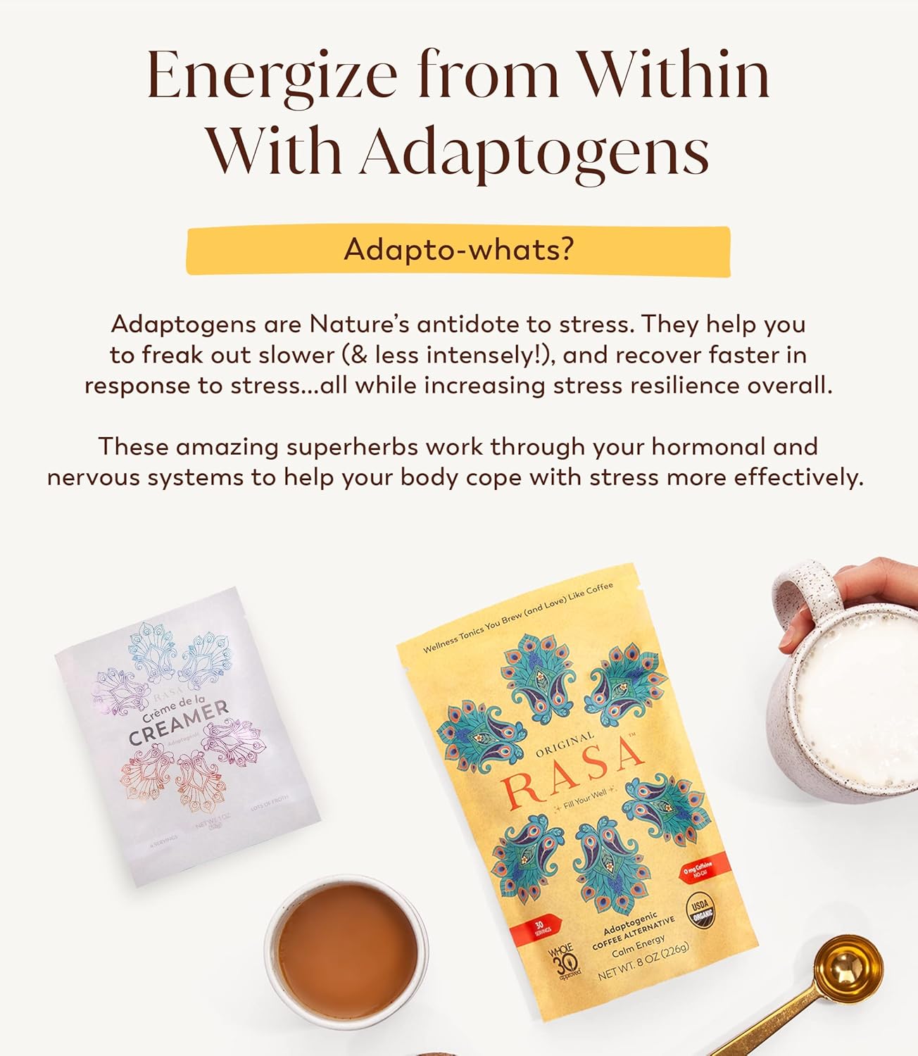 Rasa Koffee Original Adaptogenic Coffee Alternative & Crème de la Creamer Bundle - Vegan Ayurvedic Mushroom Wellness Tonic with Adaptogen Powdered Non-Dairy Creamer containing MCT Oil for Whole 30 and Keto Diets (30 Servings)