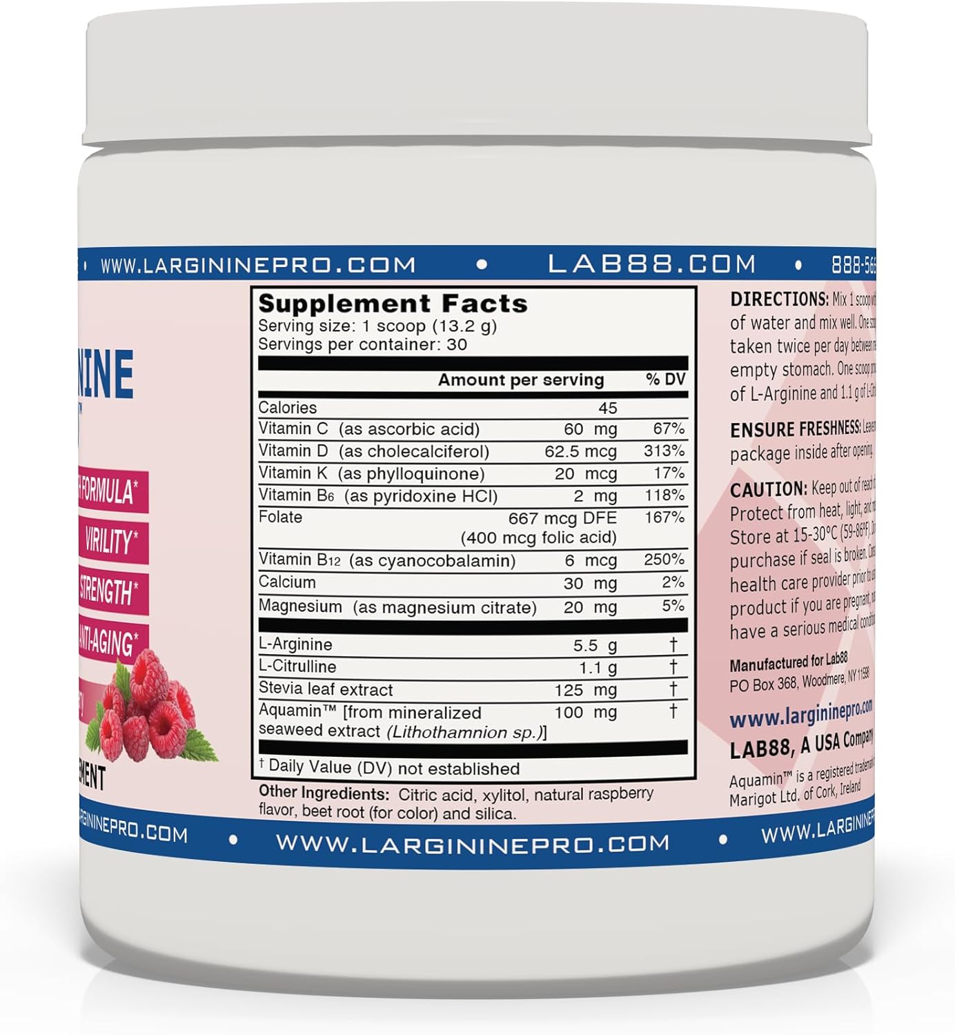 Raspberry Flavored L-arginine Supplement Drink Mix Powder | 5,500mg L-arginine & 1,100mg L-Citrulline | Boost Nitric Oxide Levels