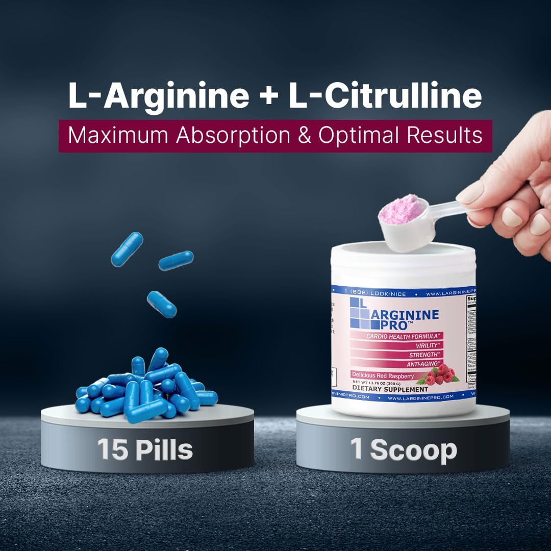 Raspberry Flavored L-arginine Supplement Drink Mix Powder | 5,500mg L-arginine & 1,100mg L-Citrulline | Boost Nitric Oxide Levels