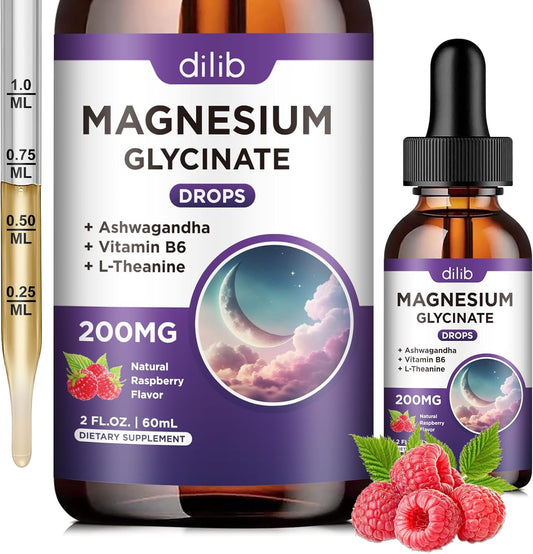 Raspberry Flavored Magnesium Glycinate Supplement with Vitamin B6 for Stress Relief and Bone Health - 2 FL.OZ Vegan Liquid Drops