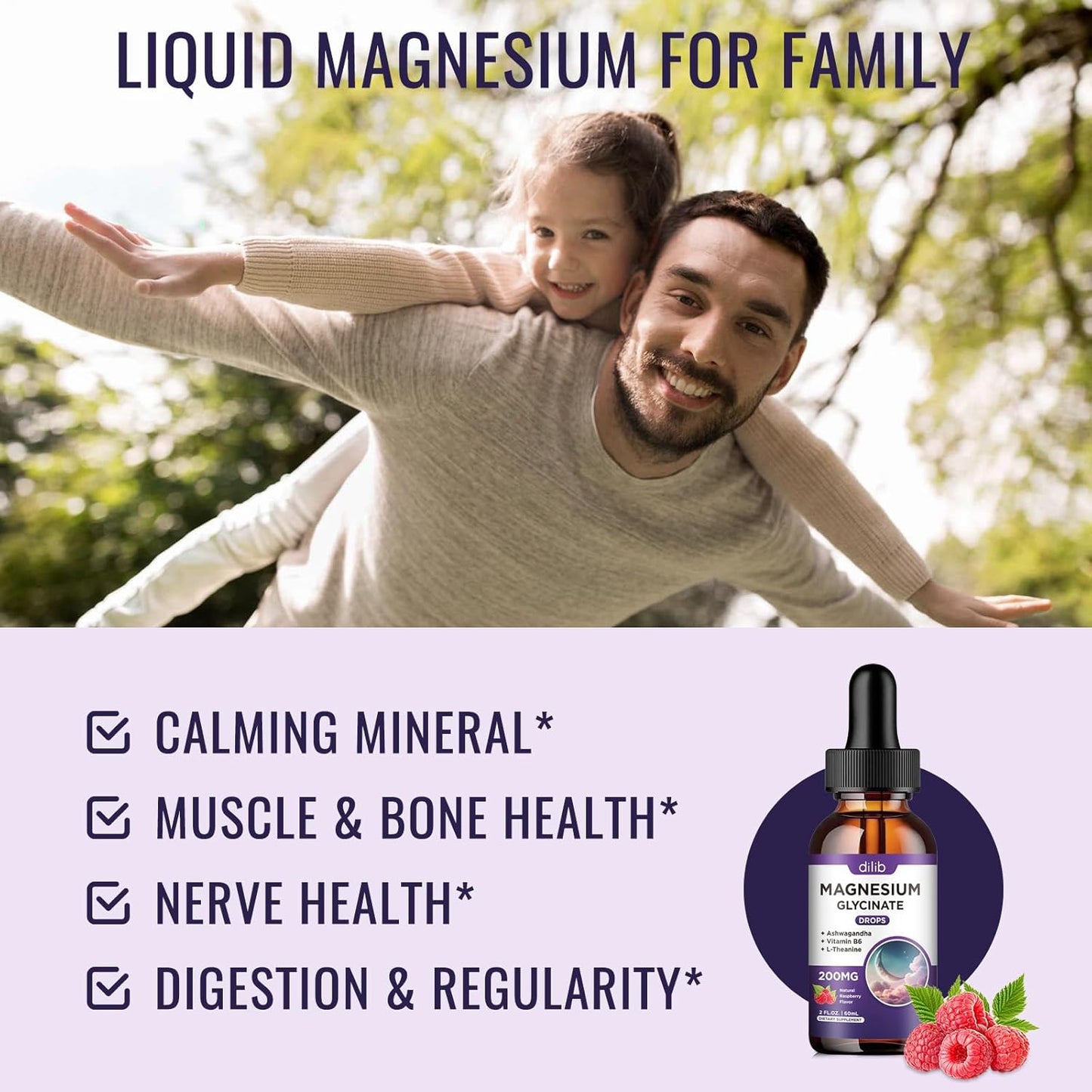 Raspberry Flavored Magnesium Glycinate Supplement with Vitamin B6 for Stress Relief and Bone Health - 2 FL.OZ Vegan Liquid Drops