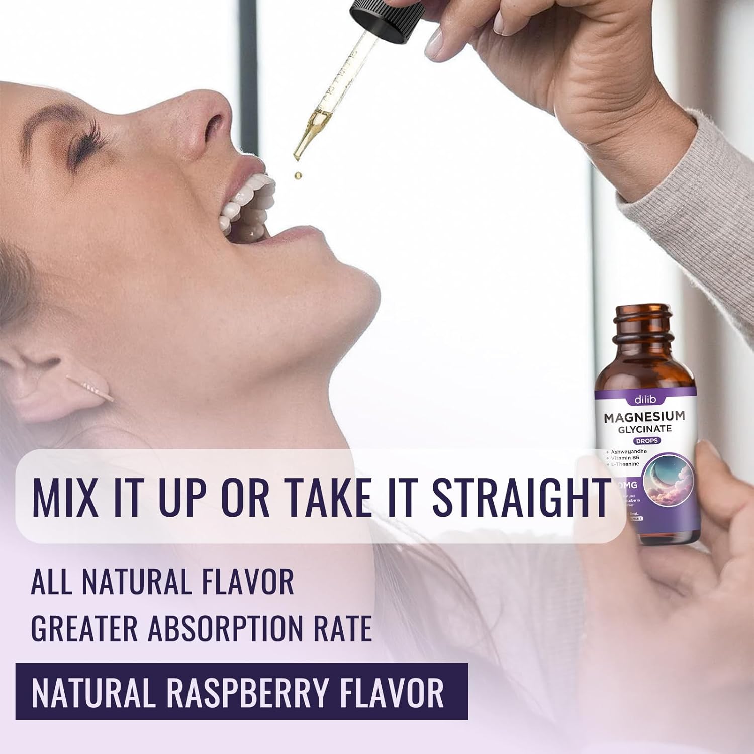Raspberry Flavored Magnesium Glycinate Supplement with Vitamin B6 for Stress Relief and Bone Health - 2 FL.OZ Vegan Liquid Drops