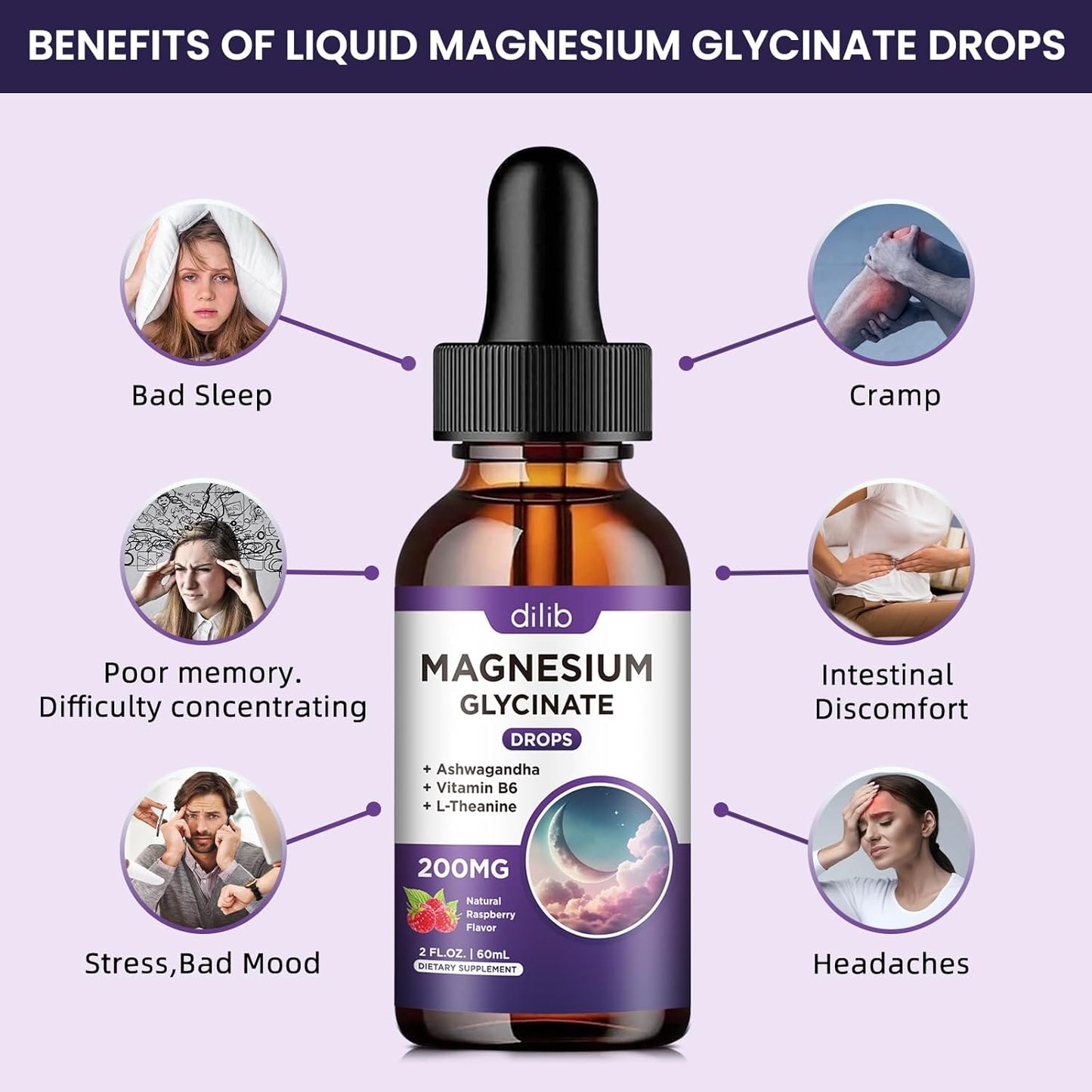 Raspberry Flavored Magnesium Glycinate Supplement with Vitamin B6 for Stress Relief and Bone Health - 2 FL.OZ Vegan Liquid Drops