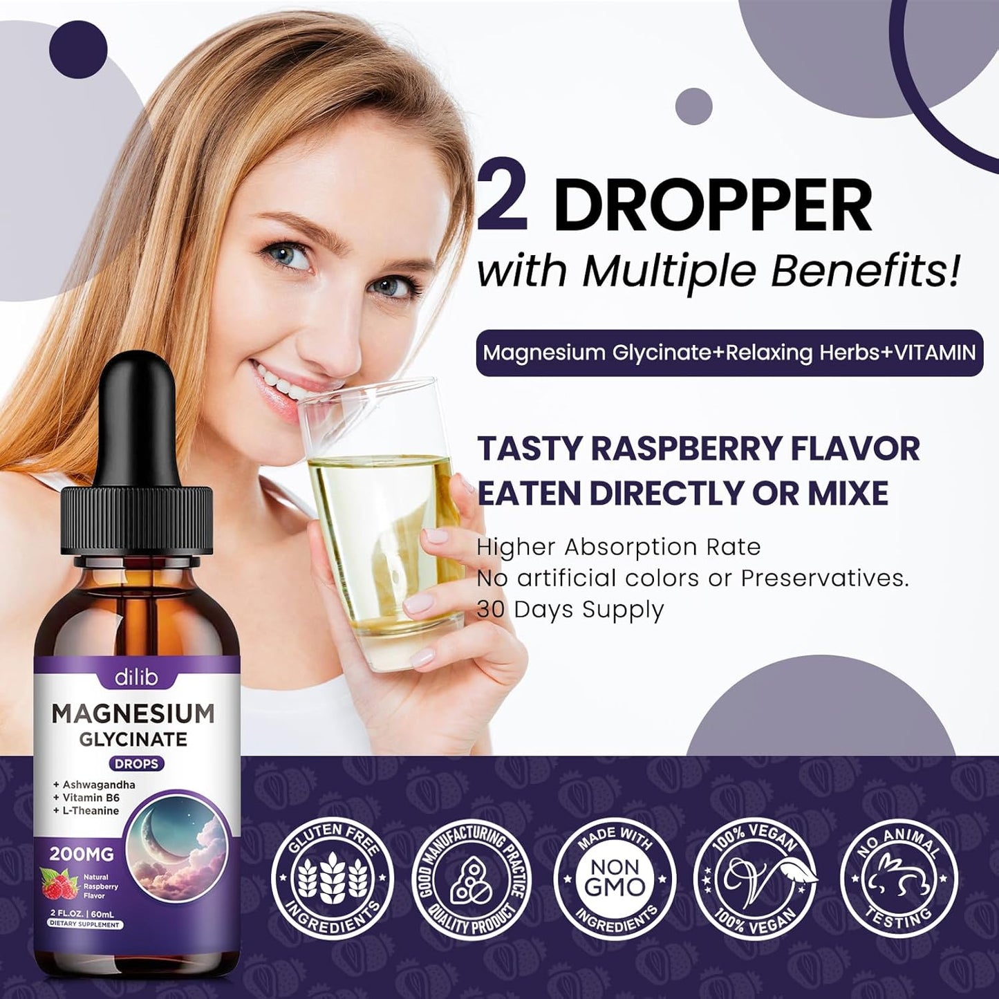 Raspberry Flavored Magnesium Glycinate Supplement with Vitamin B6 for Stress Relief and Bone Health - 2 FL.OZ Vegan Liquid Drops