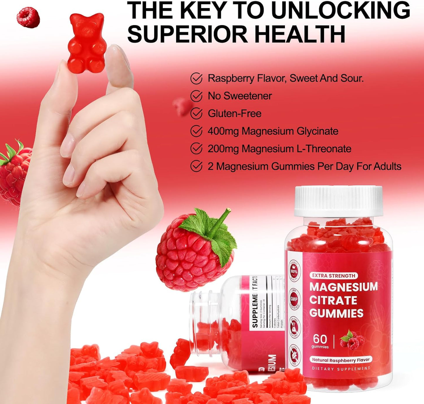 Raspberry Flavored Magnesium Gummies for Memory, Mood, and Sleep Support - 400mg Magnesium Glycinate, 200mg Magnesium l-Threonate - 60 Gummies