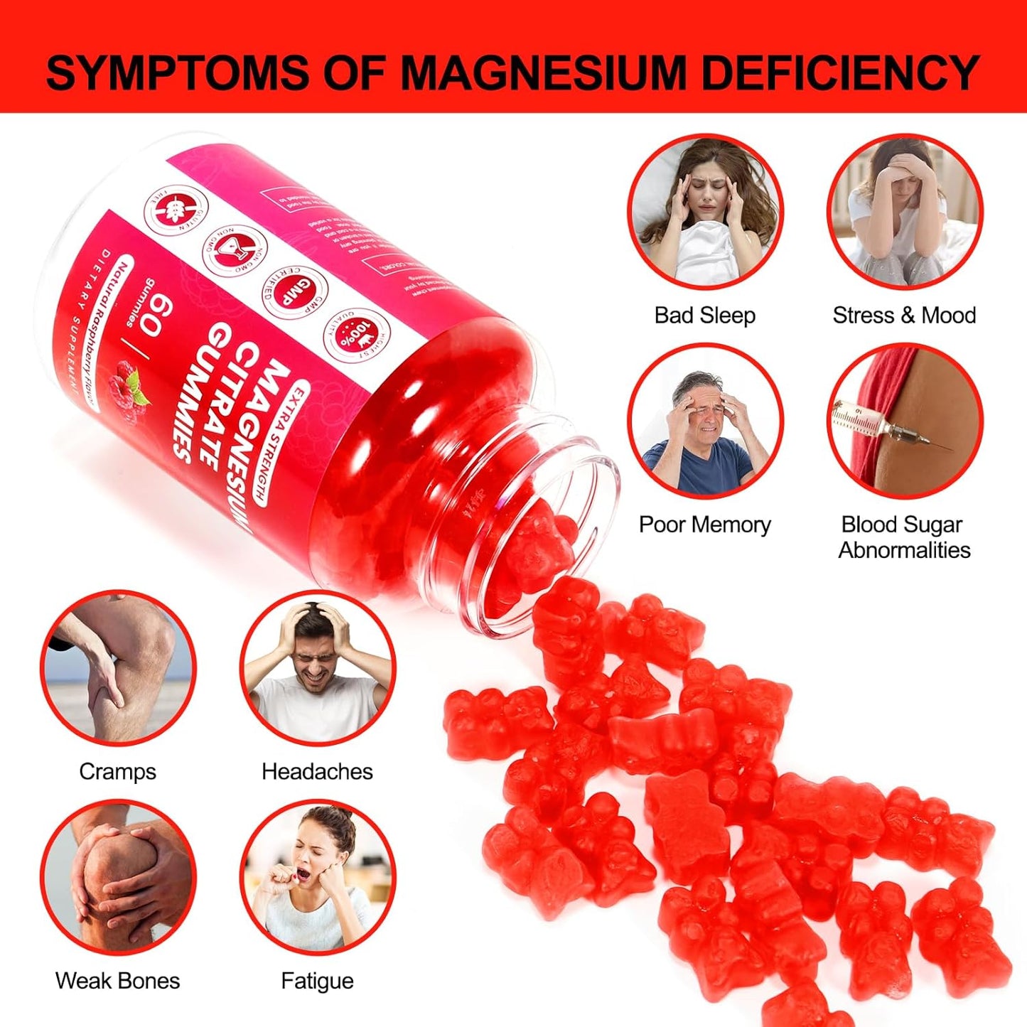 Raspberry Flavored Magnesium Gummies for Memory, Mood, and Sleep Support - 400mg Magnesium Glycinate, 200mg Magnesium l-Threonate - 60 Gummies