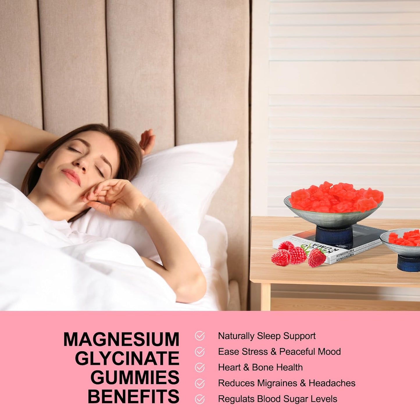 Raspberry Flavored Magnesium Gummies for Memory, Mood, and Sleep Support - 400mg Magnesium Glycinate, 200mg Magnesium l-Threonate - 60 Gummies