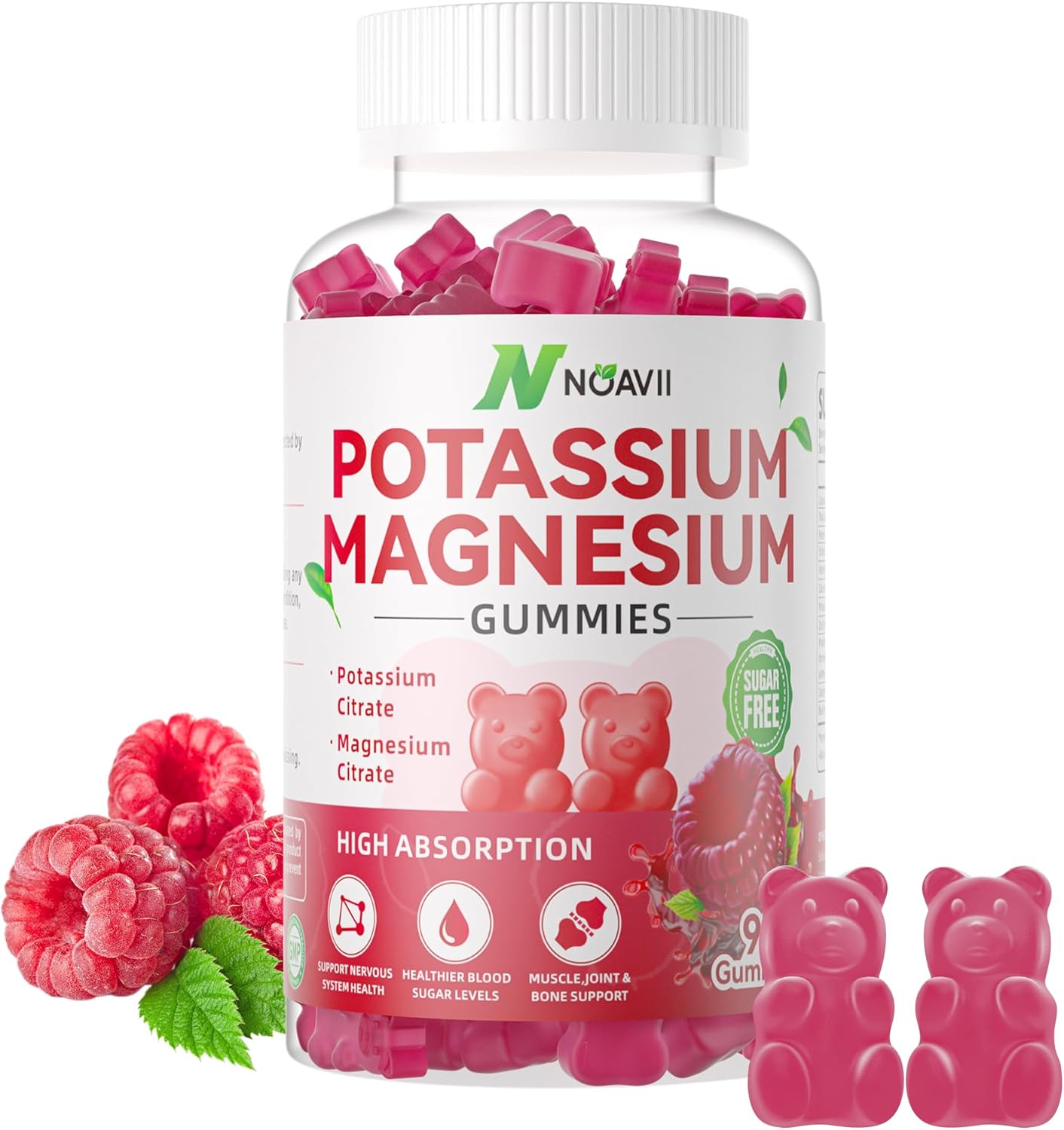 Raspberry Flavored NOAVII Potassium Magnesium Gummies - 90 Count Chewable Supplement for Muscle Cramps & Relaxation