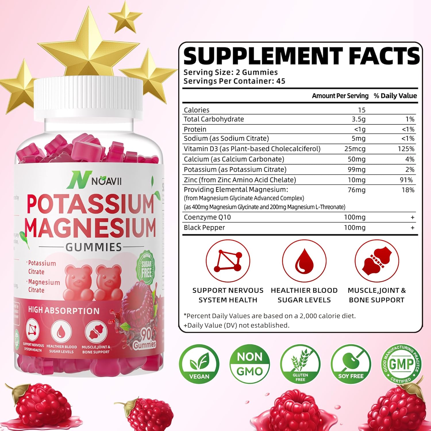 Raspberry Flavored NOAVII Potassium Magnesium Gummies - 90 Count Chewable Supplement for Muscle Cramps & Relaxation