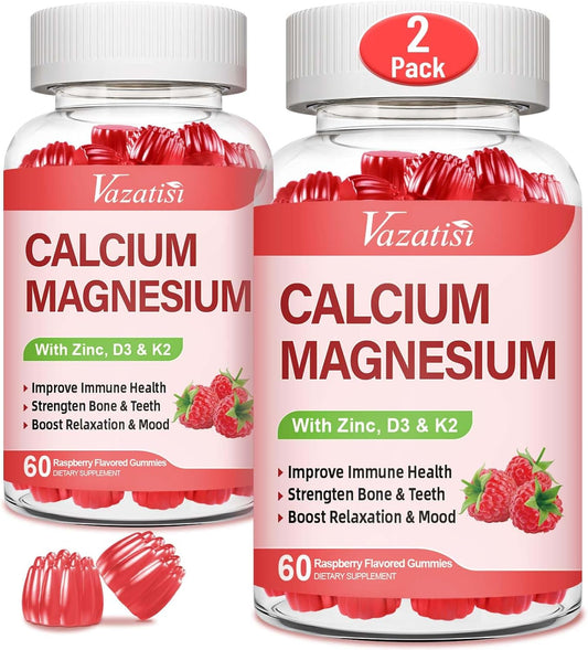 Raspberry Flavored Vazatisi Calcium Magnesium Zinc Gummies with Vitamin D3 & K2 for Immune, Bone, and Muscle Support, High Absorption 120 Gummies