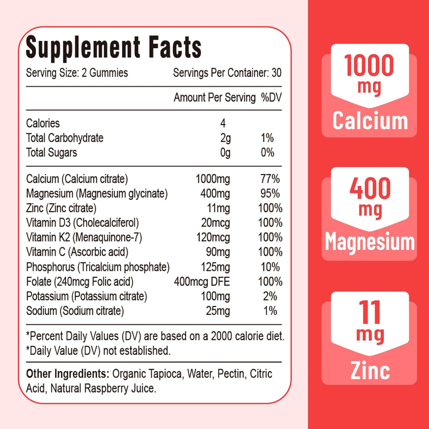 Raspberry Flavored Vazatisi Calcium Magnesium Zinc Gummies with Vitamin D3 & K2 for Immune, Bone, and Muscle Support, High Absorption 120 Gummies