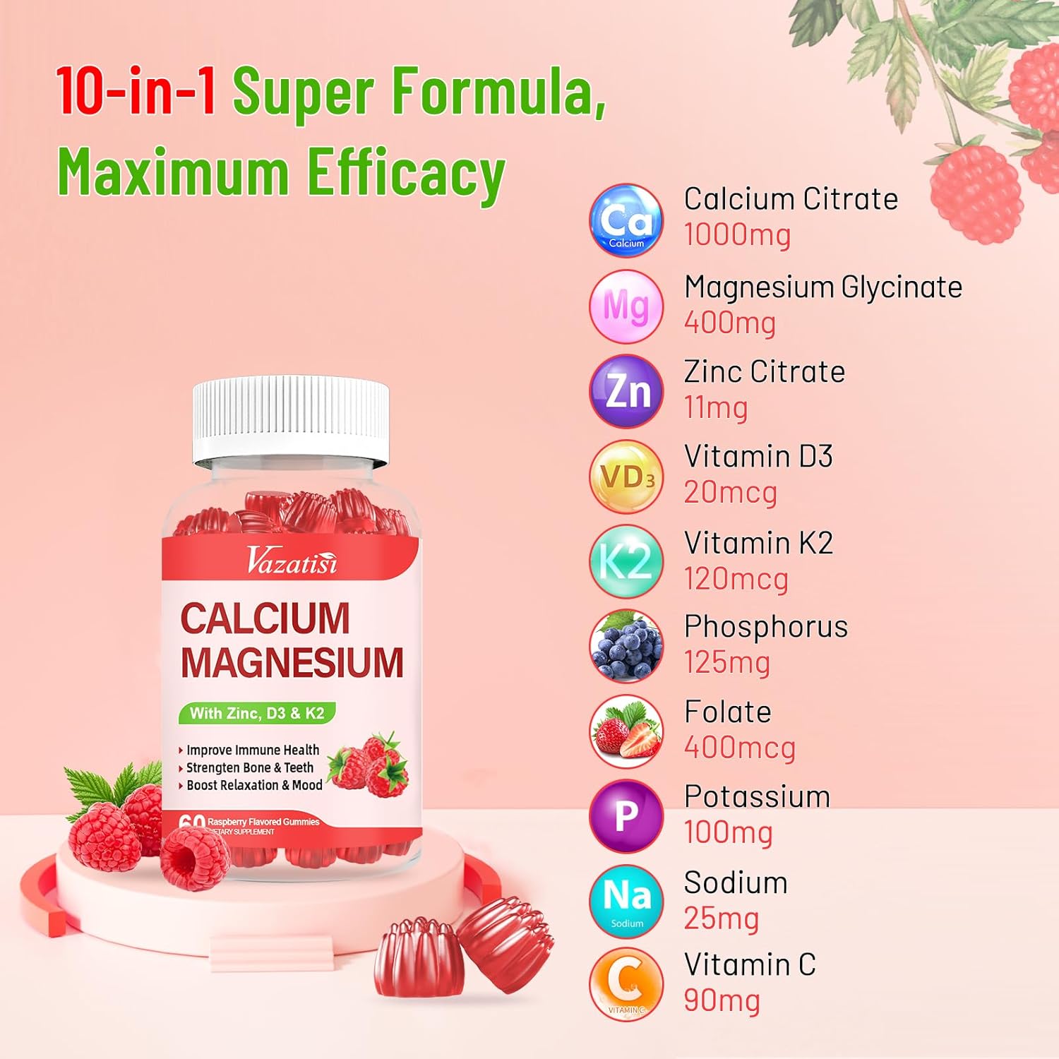 Raspberry Flavored Vazatisi Calcium Magnesium Zinc Gummies with Vitamin D3 & K2 for Immune, Bone, and Muscle Support, High Absorption 120 Gummies