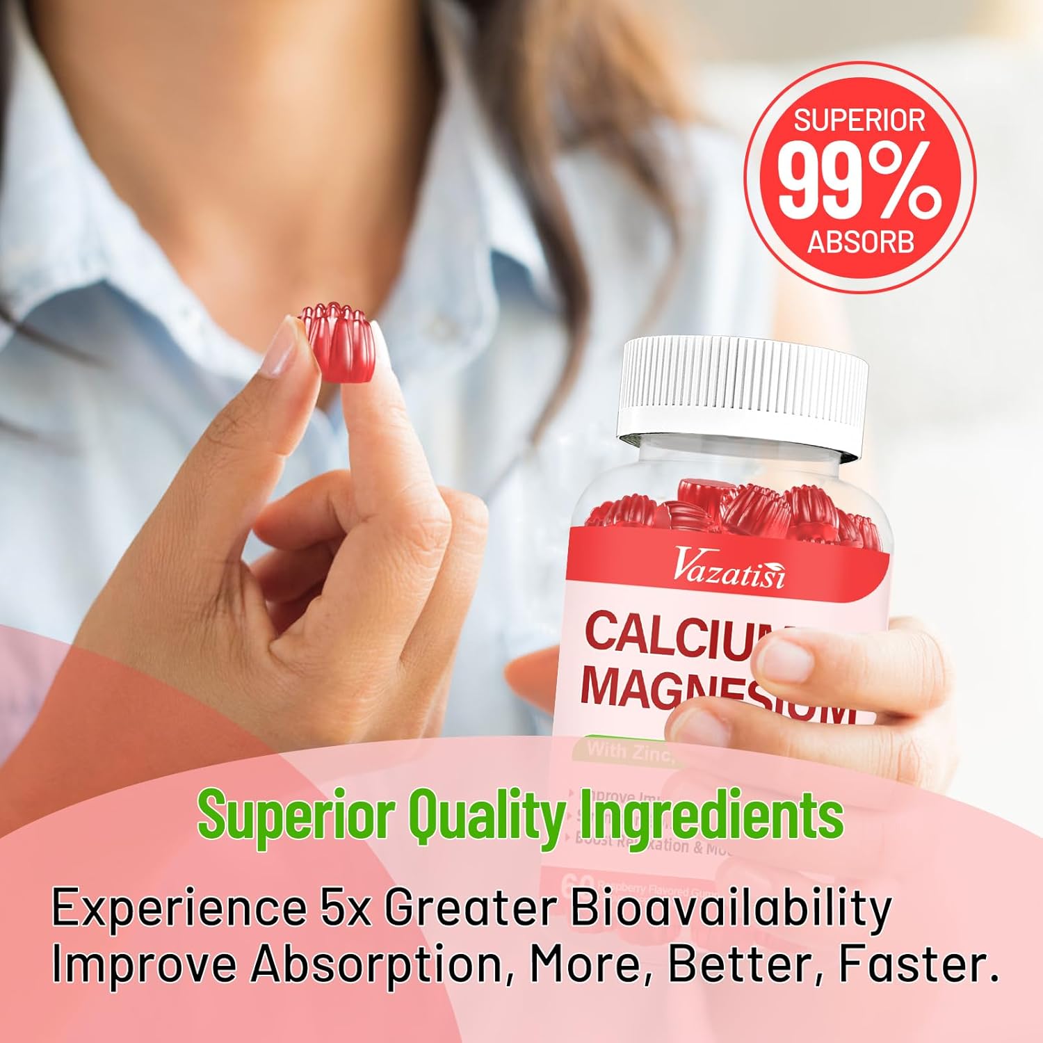 Raspberry Flavored Vazatisi Calcium Magnesium Zinc Gummies with Vitamin D3 & K2 for Immune, Bone, and Muscle Support, High Absorption 120 Gummies