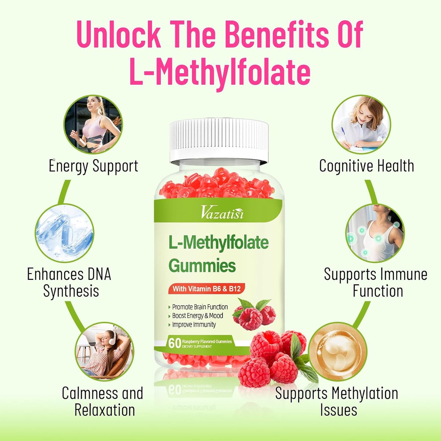 Raspberry Flavored Vazatisi L-Methylfolate 15 mg Gummies with Methyl B12 - 60 Count - Mood, Brain Health, Immune Support Supplement