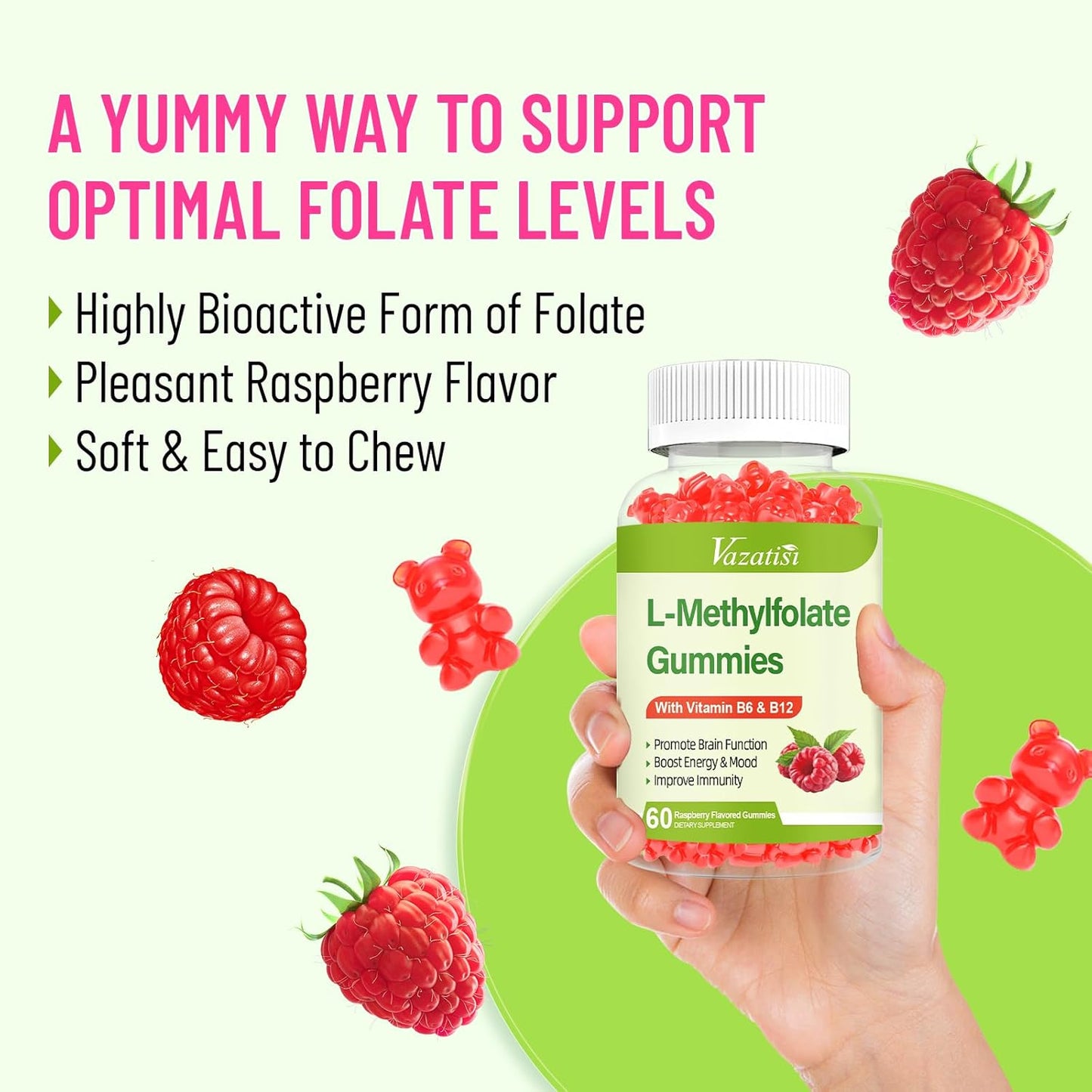 Raspberry Flavored Vazatisi L-Methylfolate 15 mg Gummies with Methyl B12 - 60 Count - Mood, Brain Health, Immune Support Supplement