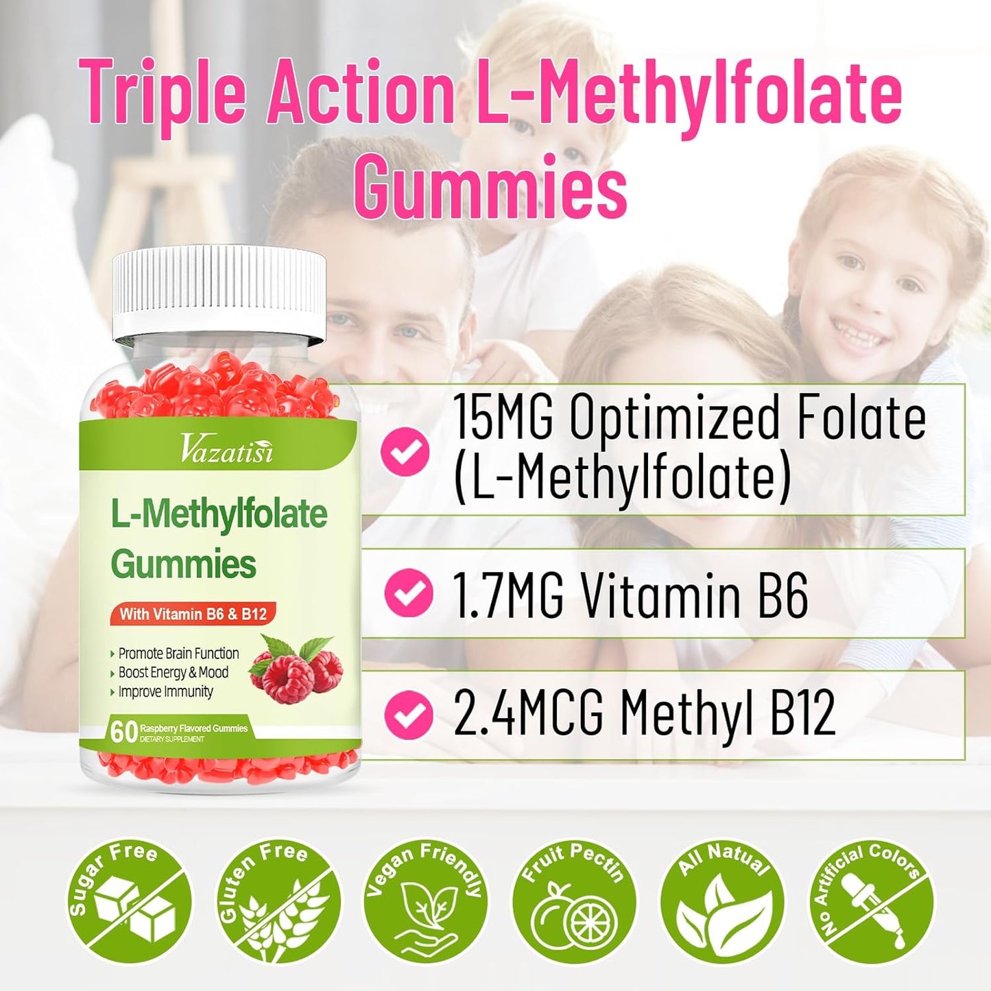 Raspberry Flavored Vazatisi L-Methylfolate 15 mg Gummies with Methyl B12 - 60 Count - Mood, Brain Health, Immune Support Supplement