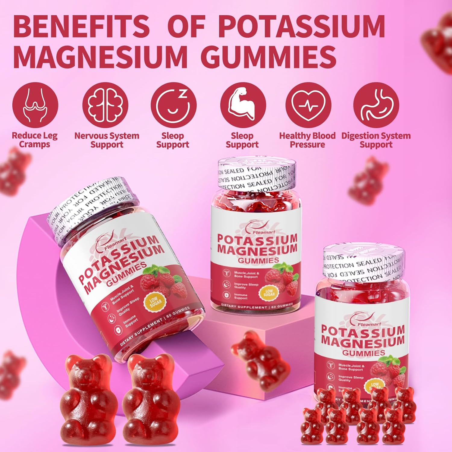 Raspberry Gummies with Potassium Citrate 99mg and Magnesium Citrate 250mg - Immune Support and Muscle Health - 60 Count