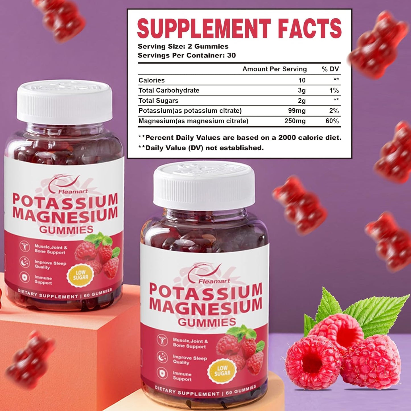Raspberry Gummies with Potassium Citrate 99mg and Magnesium Citrate 250mg - Immune Support and Muscle Health - 60 Count