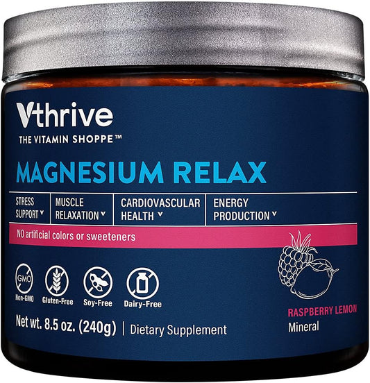 Raspberry Lemon Flavored Vthrive Magnesium Relax Powder for Stress Relief, Muscle Relaxation, and Better Sleep Quality - 8.5 Oz. (50 Servings)