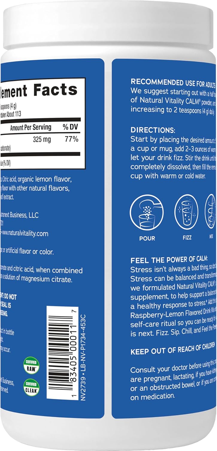 Raspberry Lemon Natural Vitality Calm Magnesium Citrate Supplement Powder - 16 Ounces