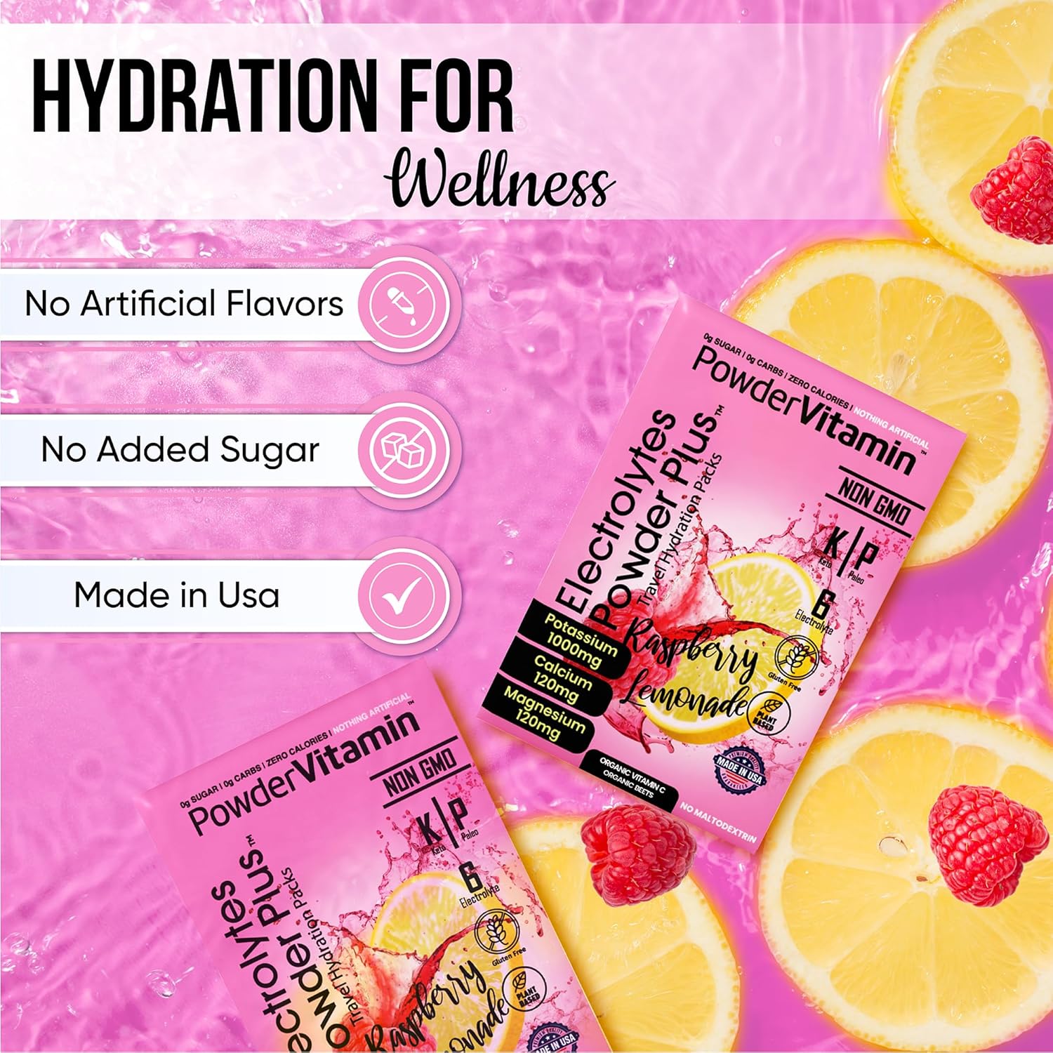 Raspberry Lemonade Keto Electrolyte Powder with Pink Himalayan Salt - Non-GMO, Sugar Free, Zero Calories - 16 Packets