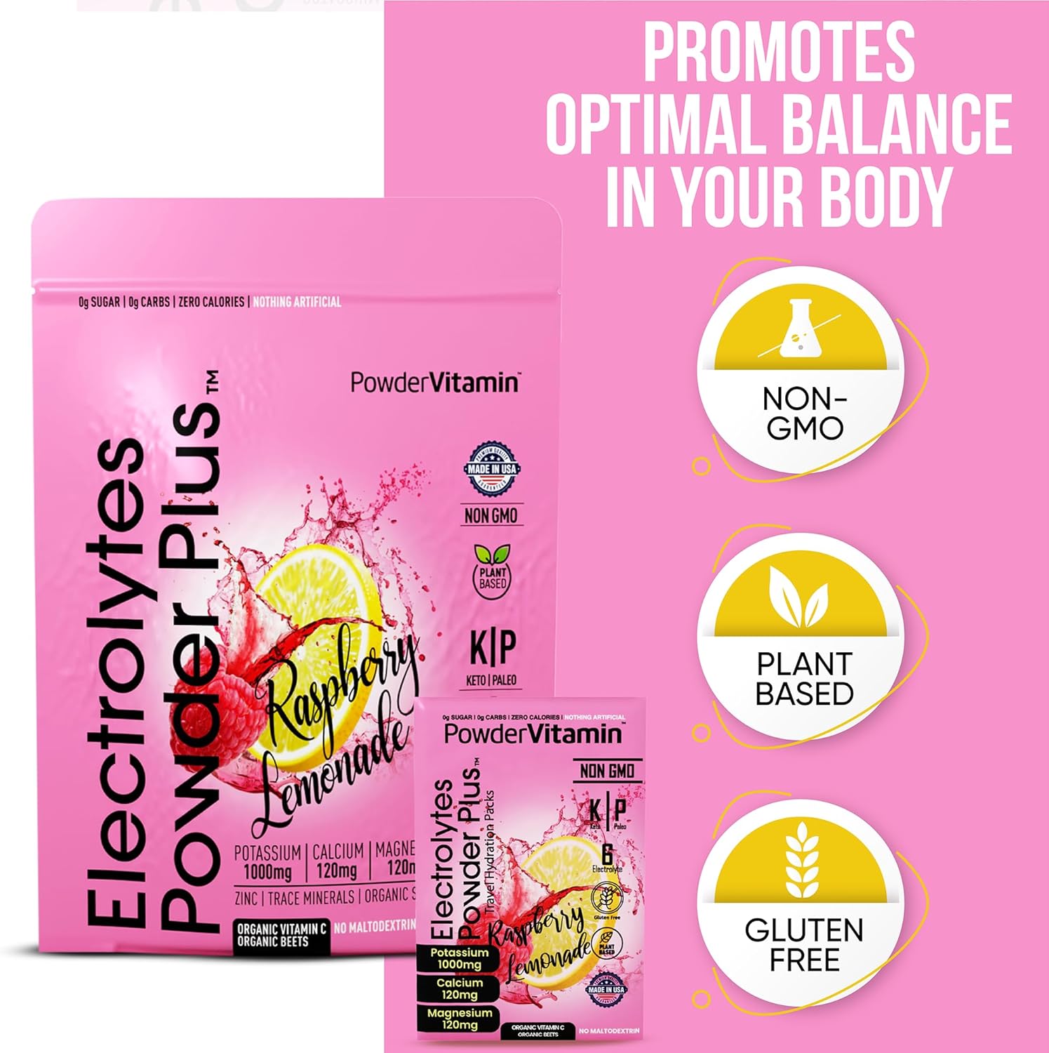 Raspberry Lemonade Keto Electrolyte Powder with Pink Himalayan Salt - Non-GMO, Sugar Free, Zero Calories - 16 Packets