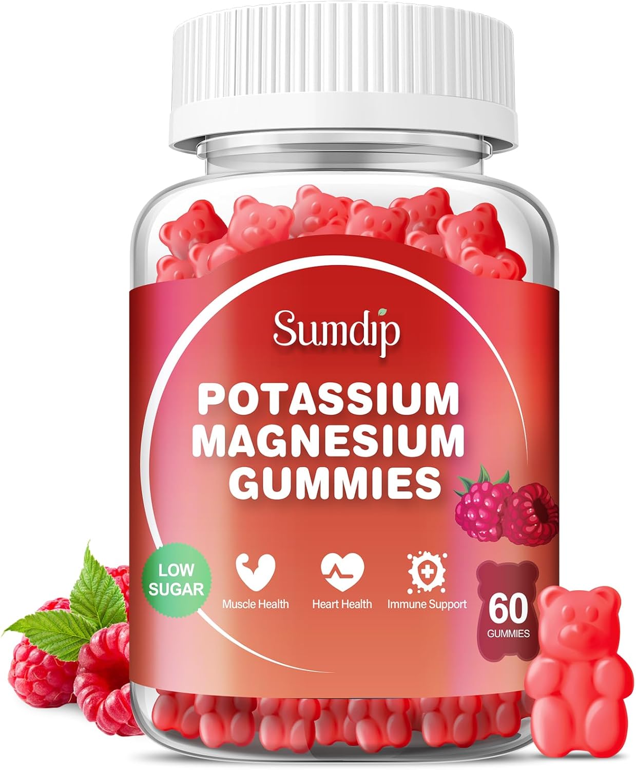 Raspberry Potassium Magnesium Gummies for Leg Cramps and Muscle Relaxation, High Absorption, 60 Gummies