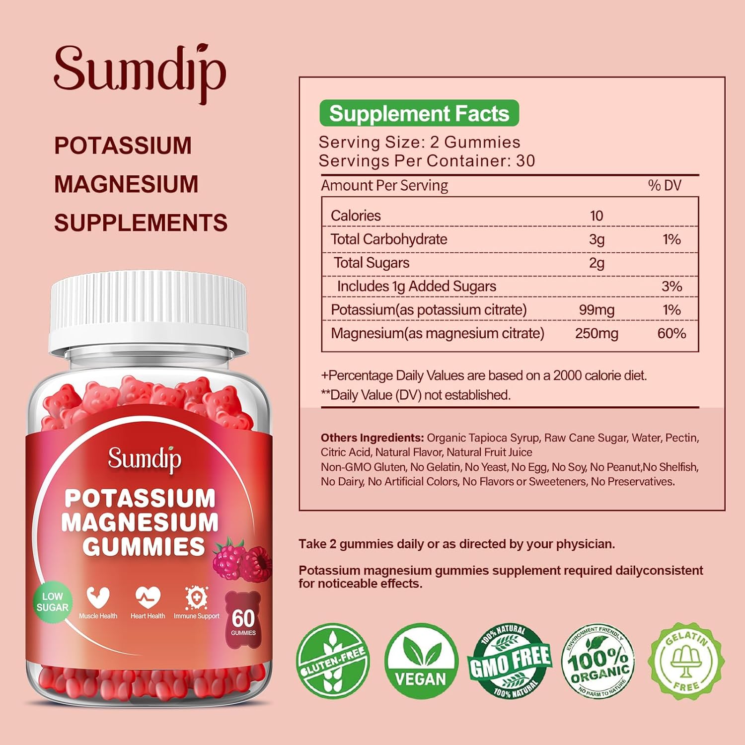 Raspberry Potassium Magnesium Gummies for Leg Cramps and Muscle Relaxation, High Absorption, 60 Gummies
