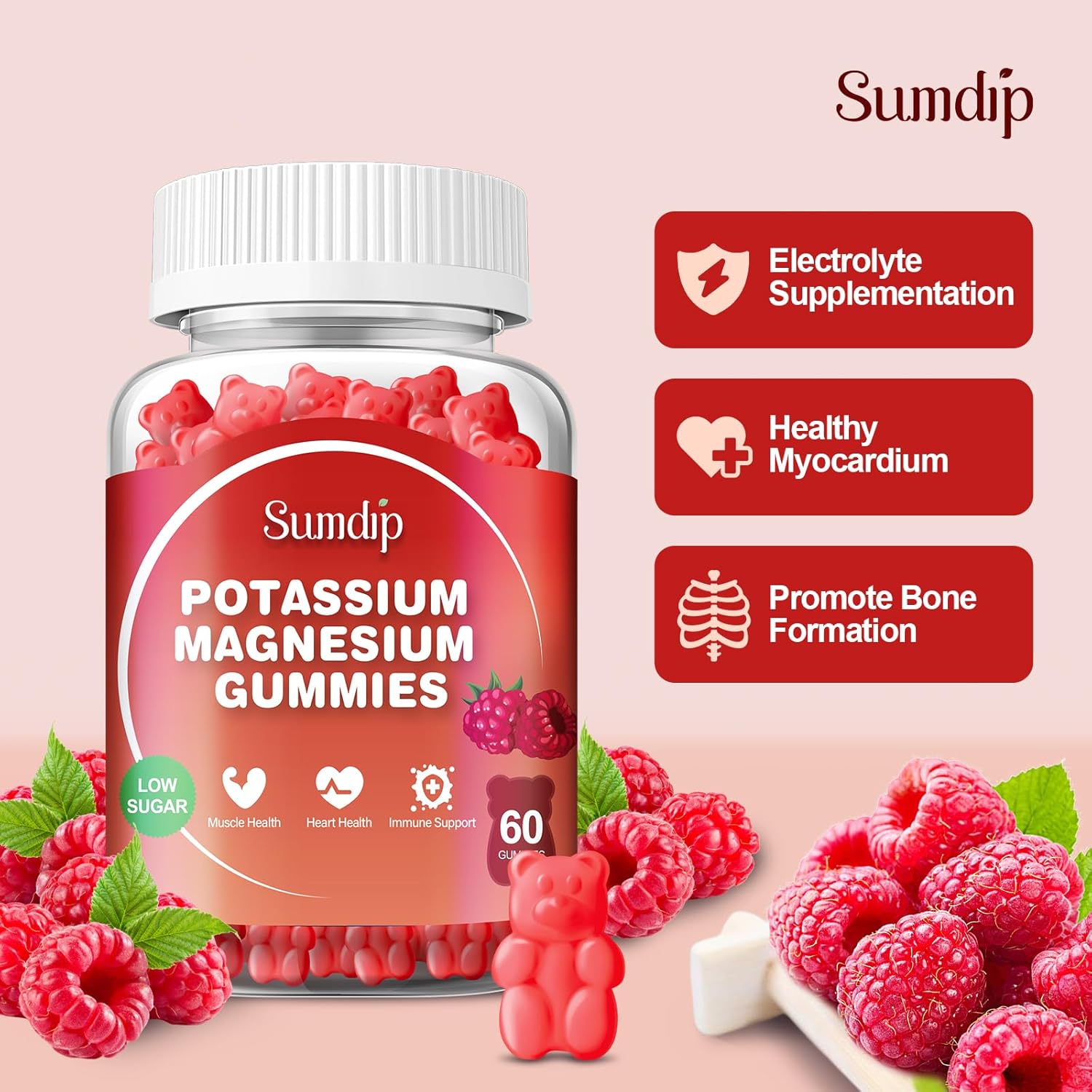 Raspberry Potassium Magnesium Gummies for Leg Cramps and Muscle Relaxation, High Absorption, 60 Gummies
