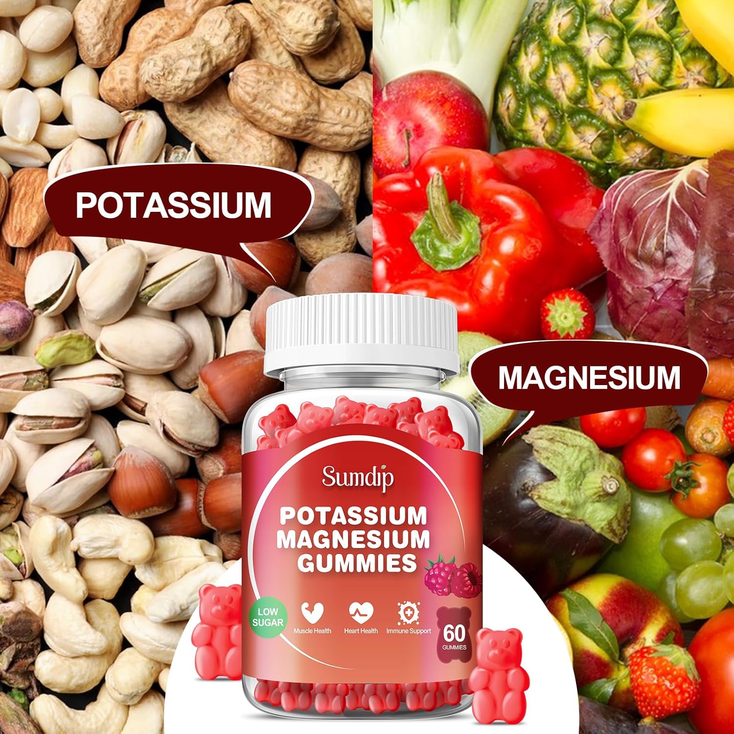 Raspberry Potassium Magnesium Gummies for Leg Cramps and Muscle Relaxation, High Absorption, 60 Gummies